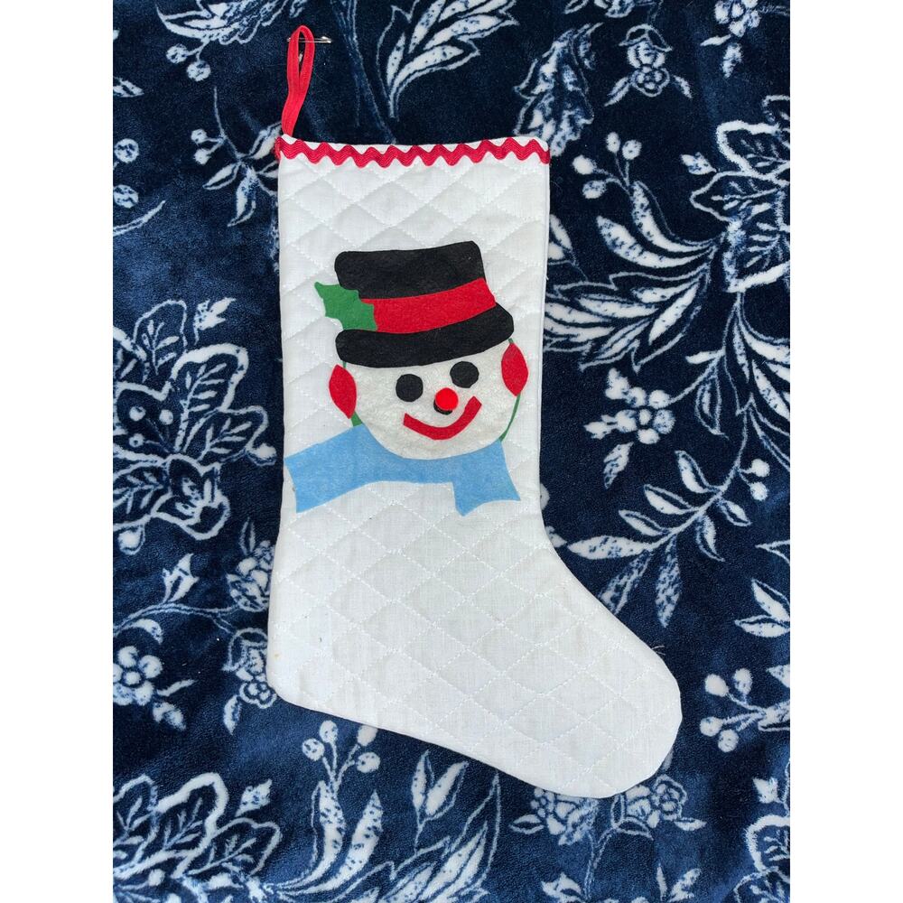 Vintage White Quilted Felt Christmas Stocking with an appliqué snowman design.